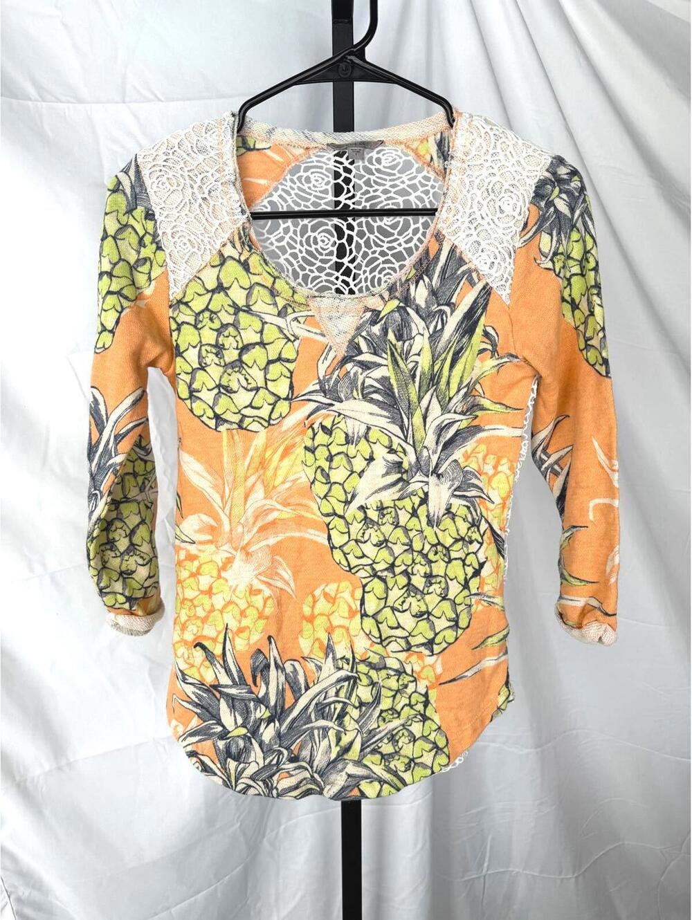 Guess Women's Pineapple Print Long Sleeve Top with Lace Detail, Size Small